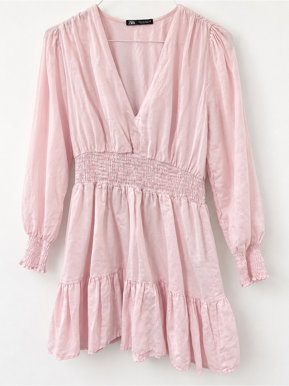 Zara Pink Smocked Waist Long-Sleeve Dress size medium